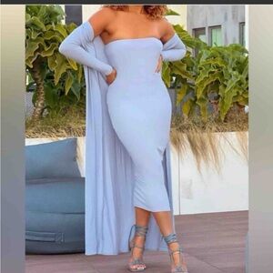 Fashion Nova Strapless Light Blue Dress and Gabardine